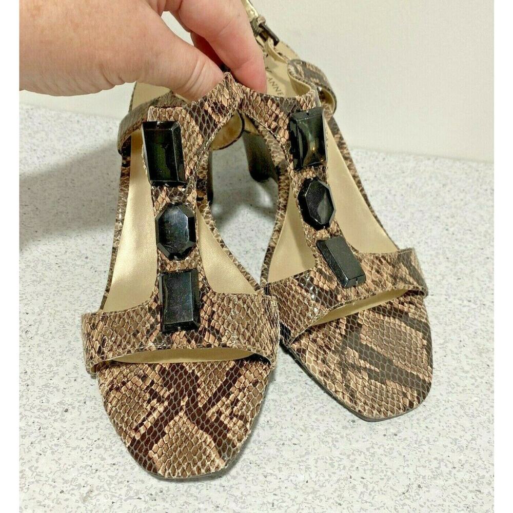 Anne Klein 9M wedge heel shoes black & tan snakeskin sandals beaded leather